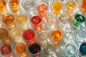 A large number of different colored drinks in glasses photo