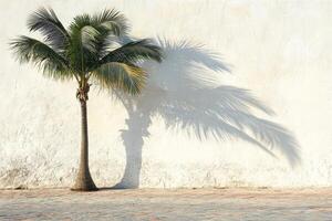 A palm tree is standing in front of a white wall photo