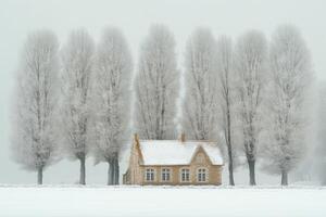 A house is surrounded by trees in the snow photo