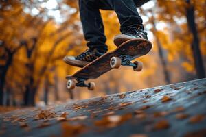 Skateboarder performing tricks in urban park during afternoon session photo