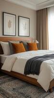 A bed with a white blanket photo