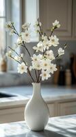 A white vase with white flowers in it photo