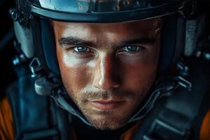 A man in a pilot's helmet with blue eyes photo