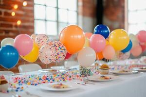 A table with colorful balloons and confetti photo