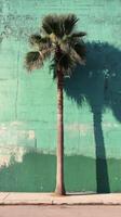A palm tree in front of a green wall photo