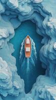 A boat is floating in the middle of a large iceberg photo
