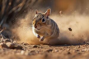 A small squirrel running through the dirt photo