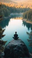 A man sitting on a rock overlooking a lake photo