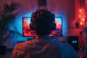 A man wearing headphones watching a on a tv photo