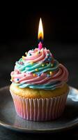 A cupcake with a lit candle on top photo