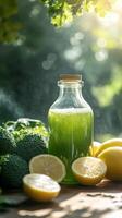 A bottle of green juice next to some lemons and broccoli photo