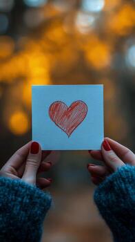 A person holding up a piece of paper with a red heart drawn on it photo