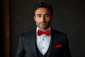A man in a tuxedo with a red bow tie photo