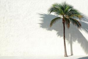 A palm tree is standing in front of a white wall photo
