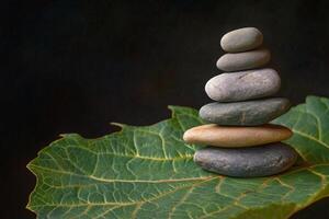 A stack of stones on top of a leaf photo
