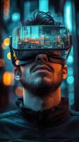 A man wearing a virtual reality headset photo