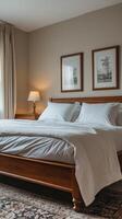 A bed with a white sheet photo