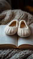 A pair of knitted slippers on top of an open book photo
