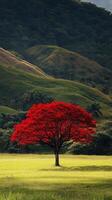 A red tree in a field with hills in the background photo