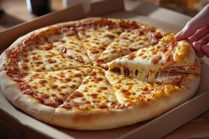 A person is taking a slice of pizza out of a box photo
