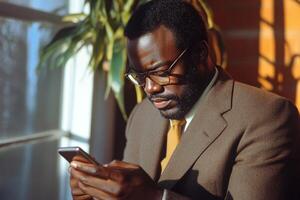 A man in a suit and glasses looking at his phone photo