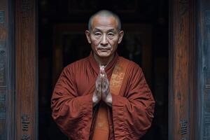 An older man in a red robe is standing in front of a door photo