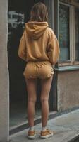 A woman in a mustard hoodie and shorts standing outside photo
