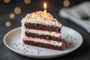 A piece of chocolate cake with a lit candle on top photo