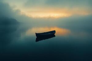 A boat is floating on the water at sunset photo