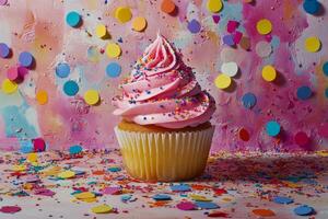 A cupcake with pink frosting and sprinkles on a table photo
