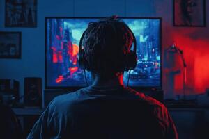 A person wearing headphones watching a on a tv photo