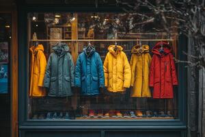 A window display with coats hanging on a rack photo