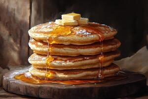 A stack of pancakes with syrup and butter photo