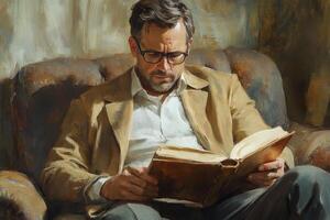 A painting of a man reading a book photo