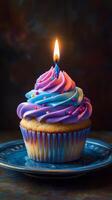 A cupcake with a lit candle on top photo