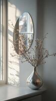 A vase with flowers sitting on a window sill photo
