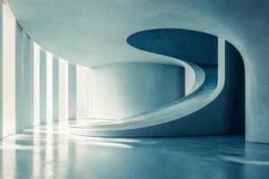 A blue room with a curved staircase photo