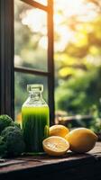 A bottle of green juice sits on a table next to a bowl of broccoli and lemons photo