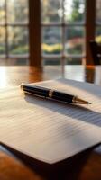 Pen on a paper on a wooden table photo