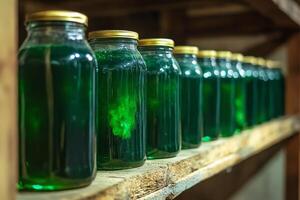 Green liquid in jars on a shelf photo