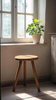 A small wooden stool sitting in front of a window photo