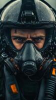 A man in a gas mask and helmet photo
