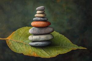 A stack of stones on a leaf photo