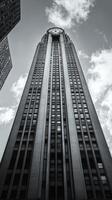 A black and white photo of a tall building