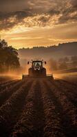 A tractor plowing a field at sunset photo