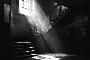 A black and white photo of a stairway with sunlight shining through the window