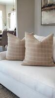 Two pillows on a white couch in a living room photo