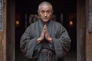 An older man in a robe is standing in front of a door photo