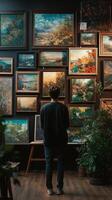 A man looking at paintings in an art gallery photo