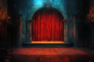 A dark room with a red curtain and a stage photo